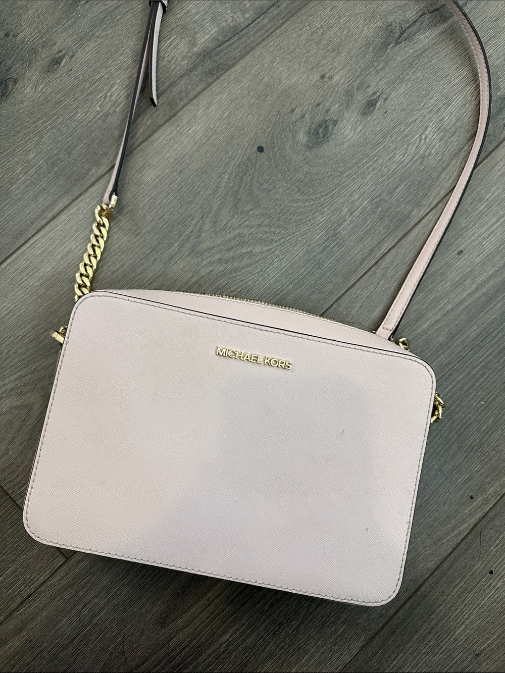 Michael Kors Light Pink Saffiano Crossbody Camera Bag with Gold Hardware